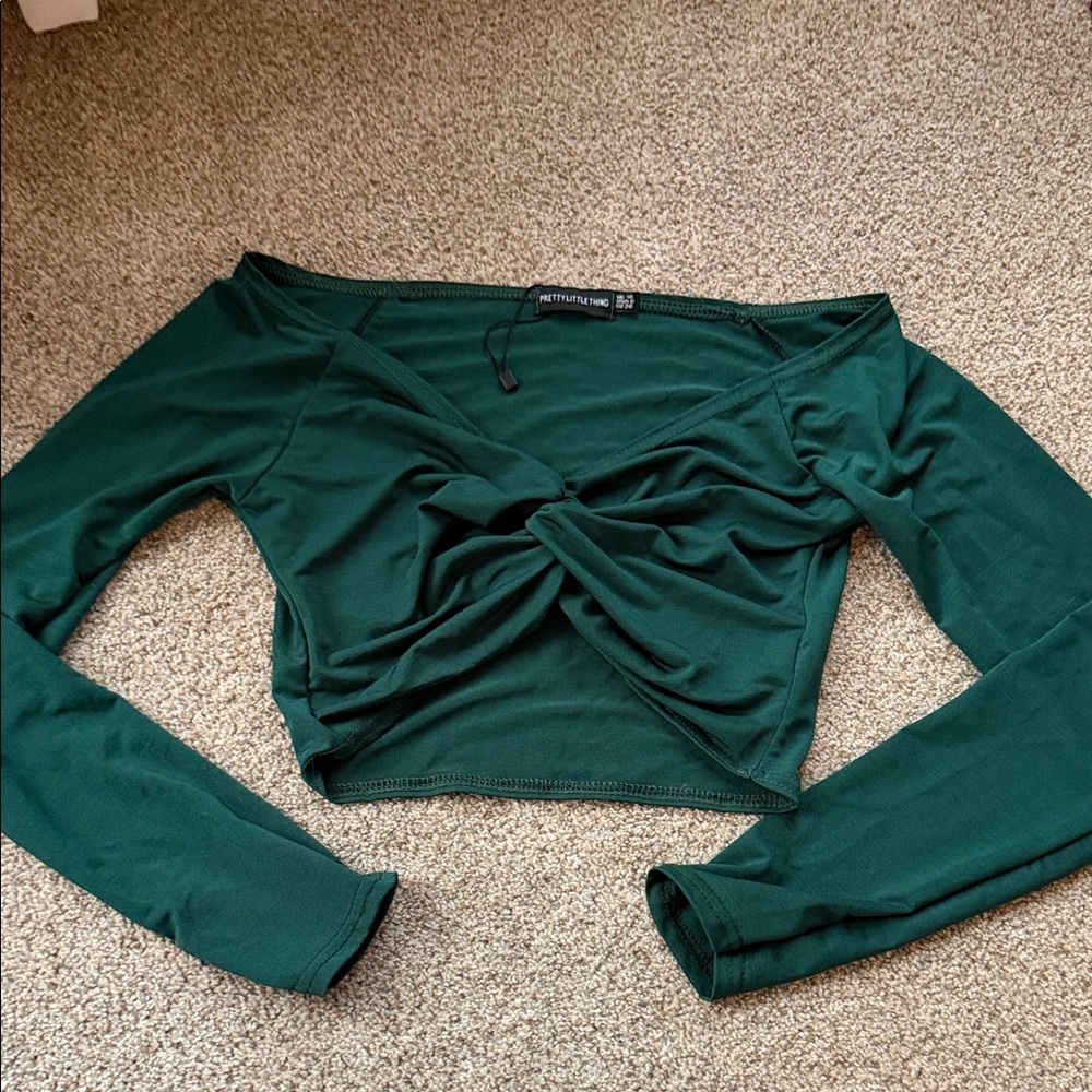 PrettyLittleThing Dark Green Twist Front Crop Top